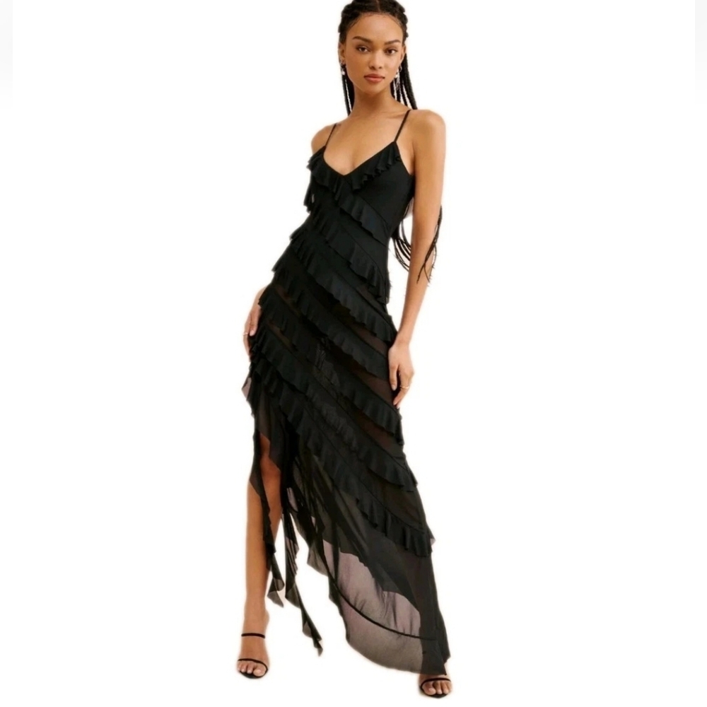 Anthropologie AFRM Vienna Asymmetrical Hem Sheer Black Sleeveless Maxidress: XXS